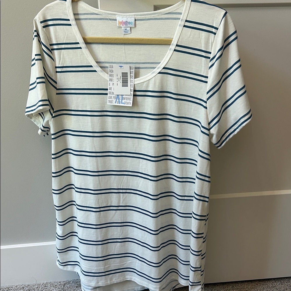 LuLaRoe White and Blue Striped Short Sleeve Tee